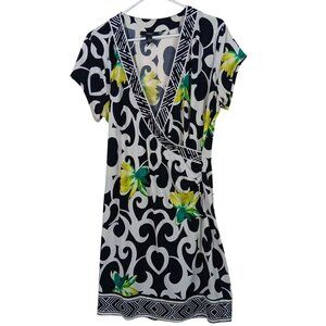 Alfani Petite Black & White Floral Dress Knee Length W/ Beaded V-Neck Size P/L